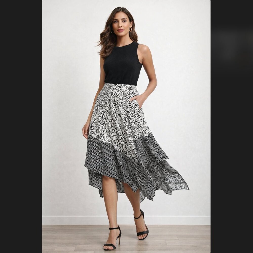 Flowy Midi Skirt 14 Whimsy Black White Asymmetrical Hem Pockets Banana Republic